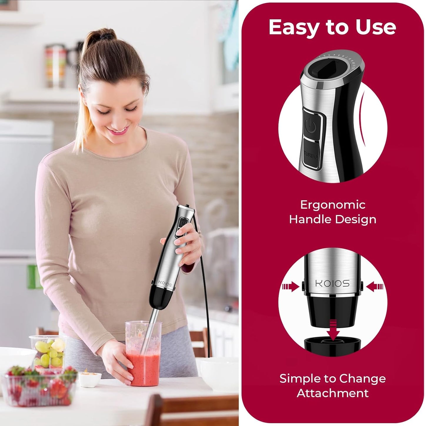 KOIOS Immersion Blender, 1100W 5-in-1 Multi-Purpose Hand Blender, 12-Speed, 600ml Beaker, 500ml Chopper, Egg Whisk, Milk Frother, Black