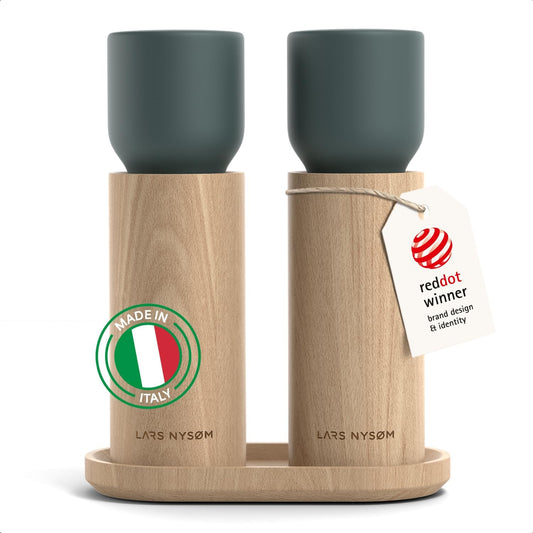 LARS NYSØM Wooden Salt and Pepper Grinder Set Manual with Tray - Salt and Pepper Mills with Adjustable Ceramic Grinder - Elegant Beechwood Pepper and Salt Mill Set for Dining Table (Stone Blue)