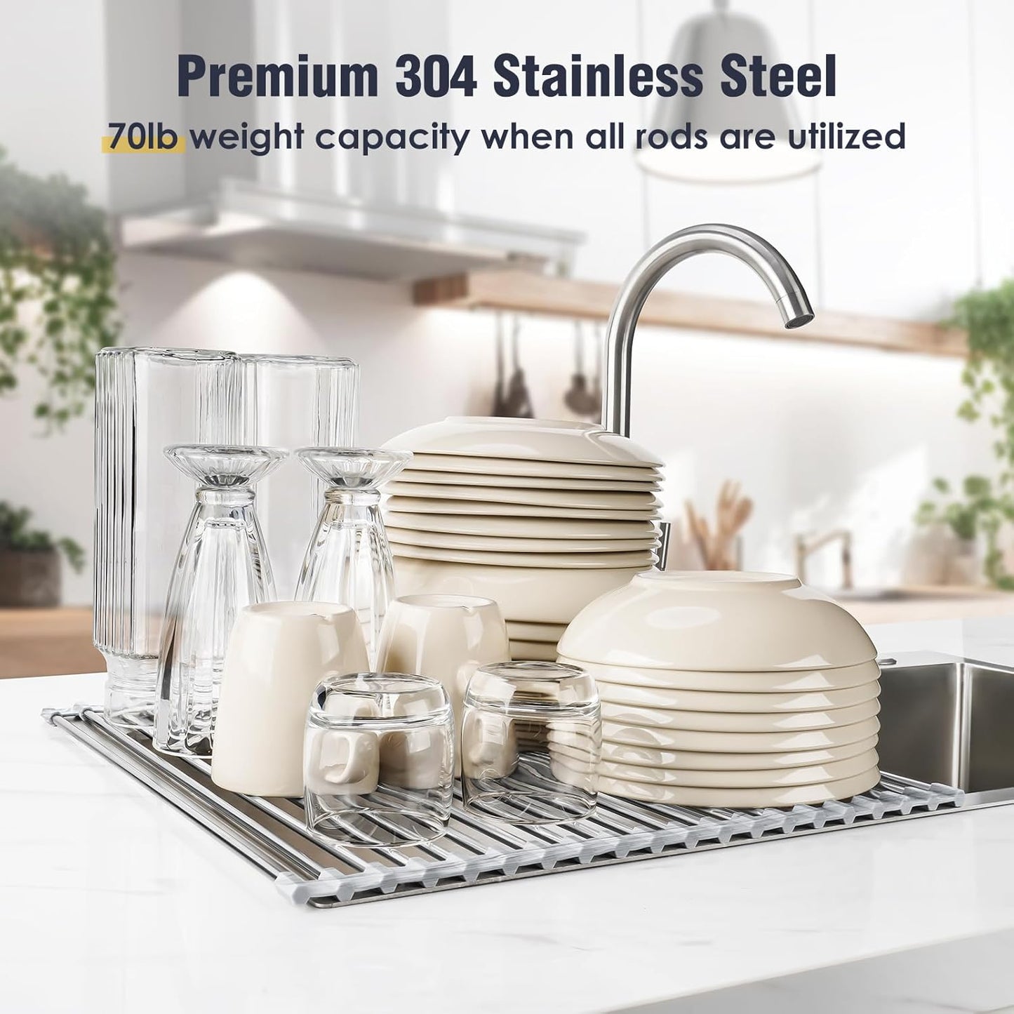 Tomorotec Stainless Steel Roll-Up Dish Drying Rack Marble Color Silicone Edges, Foldable Kitchen Rack Heat Resistant Trivet Supports up to 70 lbs, Food Safe for Dishes, Cookware & More