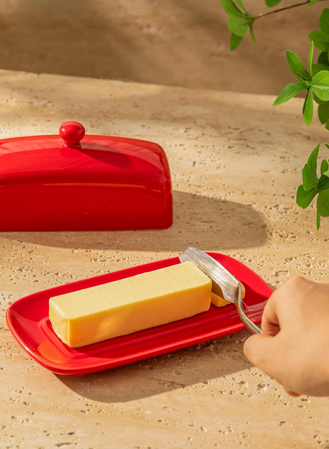 Sweese Butter Dish with Lid, Porcelain Butter Keeper, 7.8 Inch Butter Holder with Handle Cover, Butter Container Perfect for East West Coast Butter, Red
