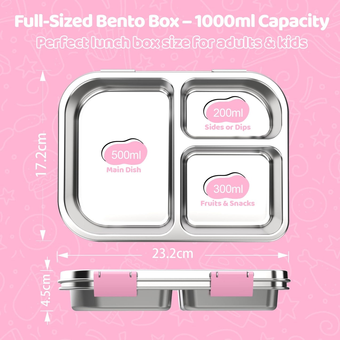 Stainless Steel Lunch Box 1000ml - 3 Compartment Bento Box for Kids & Adults, Leakproof Food Container, BPA-Free Metal Lunch Box with Silicone Seal, Eco-Friendly/Dishwasher Safe (Pink)