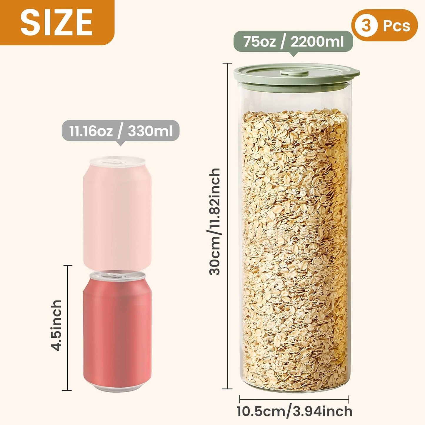 Glass Food Storage Jars with Lids[Set of 3], Perfect for Pasta, Cookies, Nuts, Coffee, Cereal, Flour, and More, Organize Your Kitchen with these BPA-Free Glass Jars with Silicone Lids