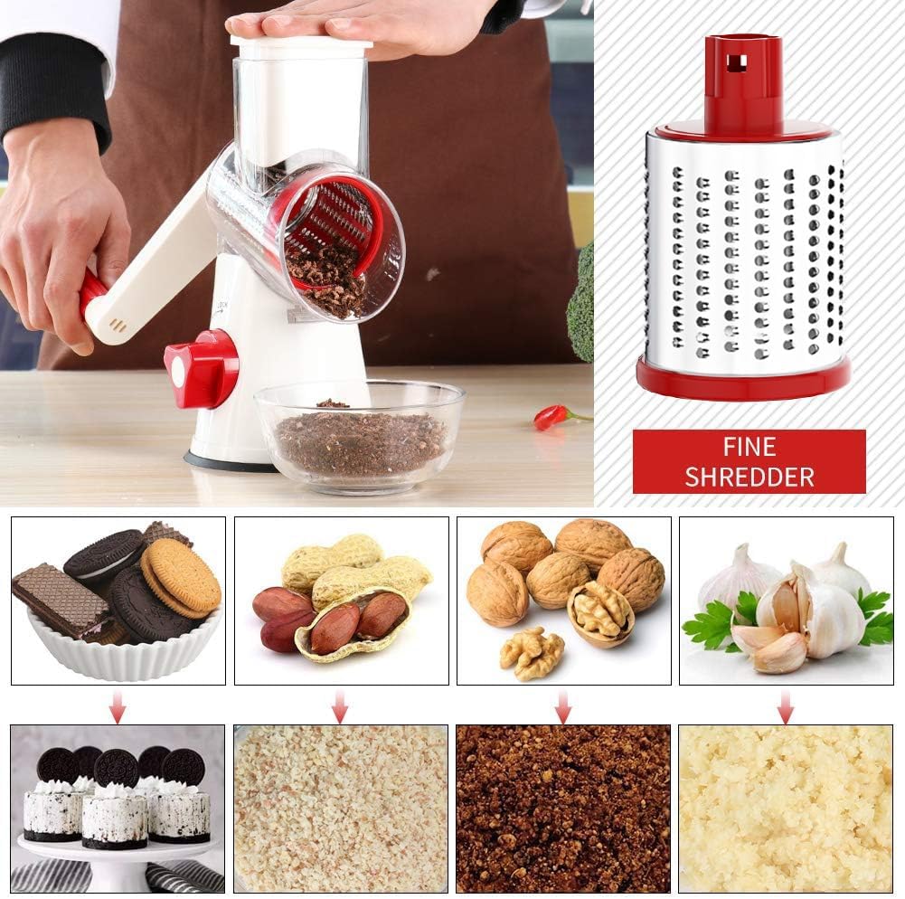 Cambom Rotary Cheese Grater Hand Crank Cheese Shredder for Fresh Cheese, Vegetable, Nuts,Non-slip Suction Base, Free Cleaning Brush Three Blades,Red White