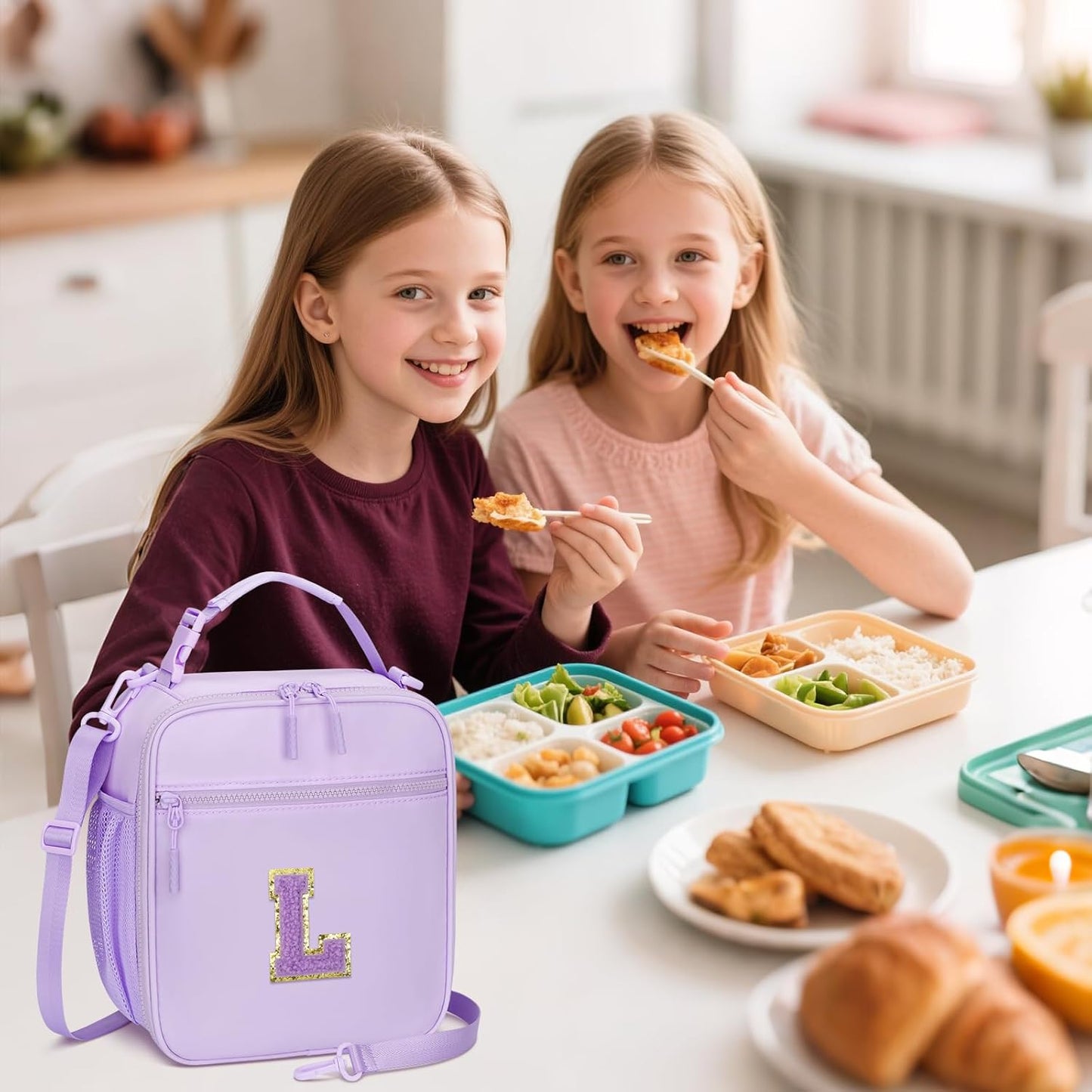 Initial Insulated Lunch Bag for Girls Kids, Back to School Gift, Reusable Leak-proof Lunch Box with Adjustable Strap for School Daycare Travel Picnic (Purple,L)
