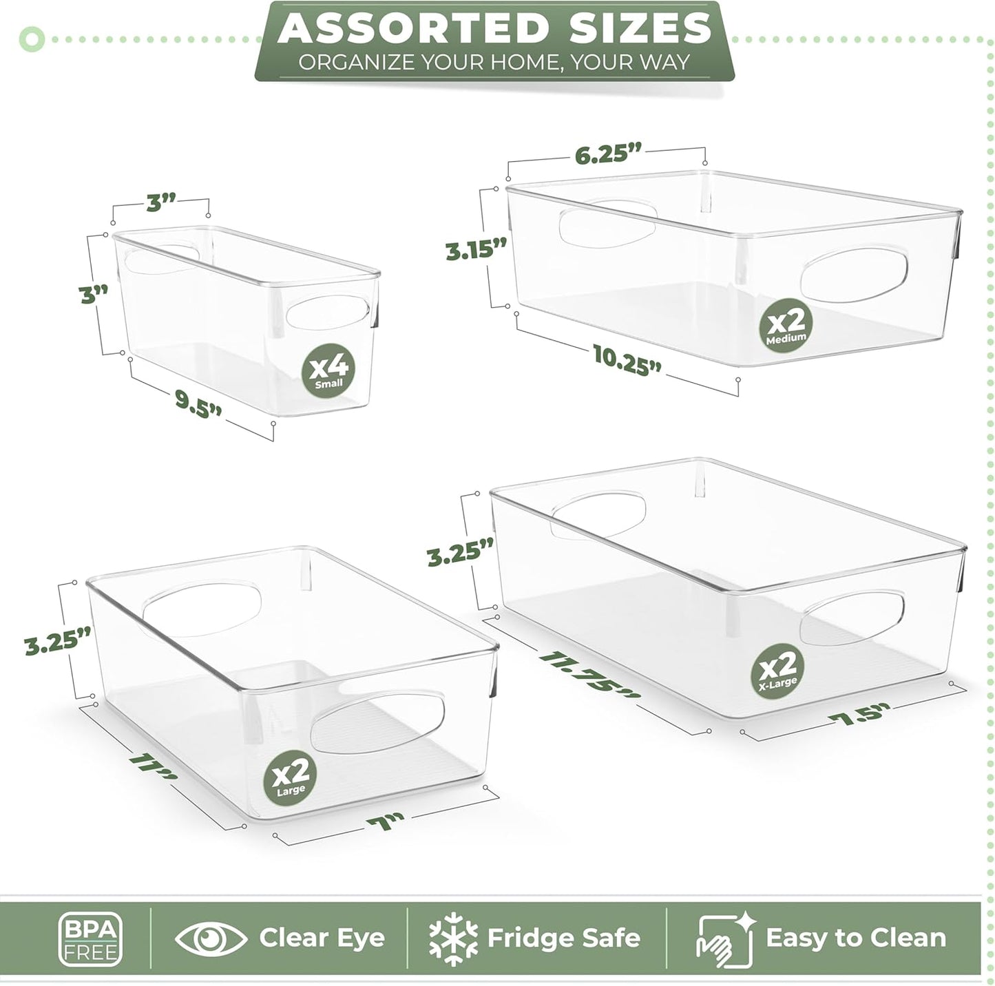 Sorbus Clear Plastic Organizing Bins 10-Pack, Clear Bins, Refrigerator & Pantry Organizer