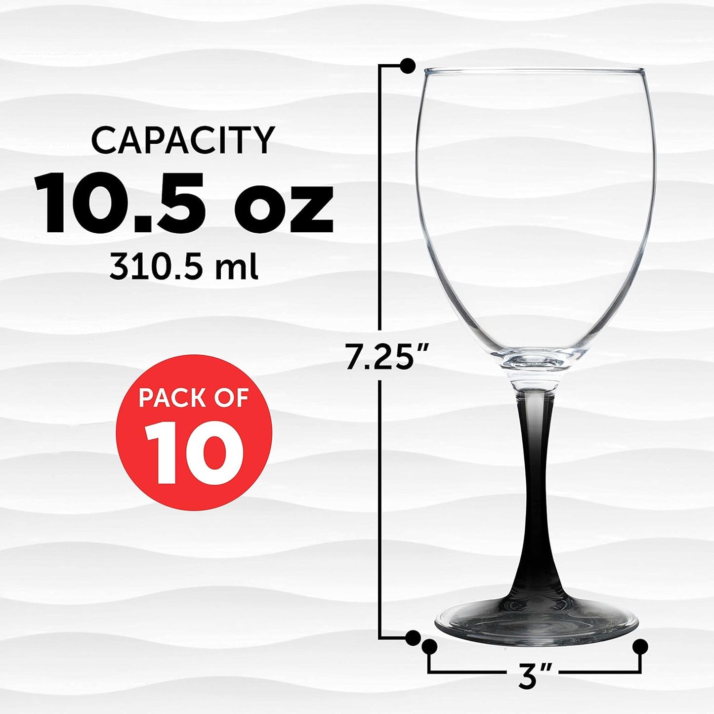 DISCOUNT PROMOS Nuance Wine Glasses by ARC 10.5 oz. Set of 10, Bulk Pack - Restaurant Glassware, Perfect for Red Wine, White Wine, Cocktails - Black