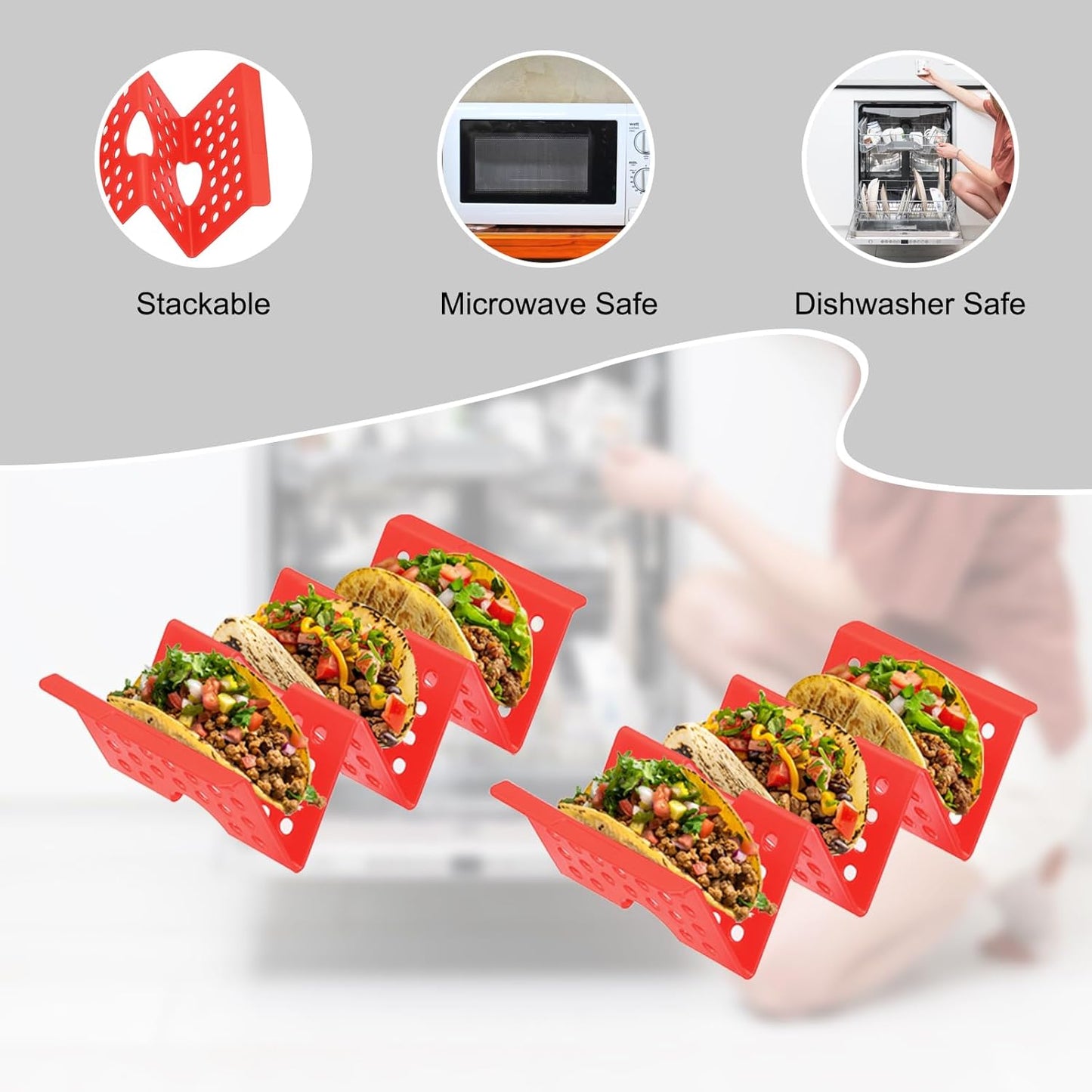 uxcell 8 Pcs Taco Holder Stand, Plastic Taco Plates Hold Up to 3 Tacos, Hollow Carved Taco Shell Holder, Dishwasher Microwave Safe, Red