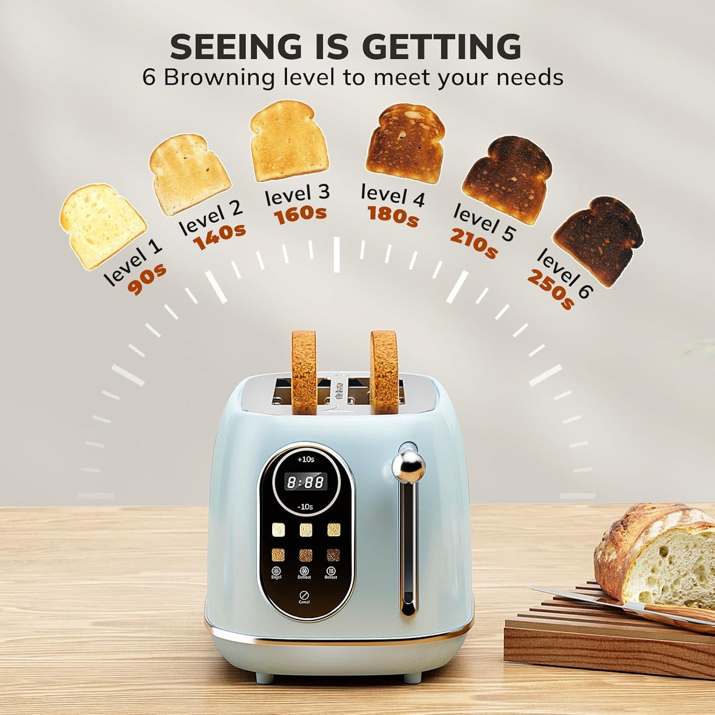 Keenstone Smart Touch Screen Toaster 2 Slice, Retro Wide Slot Stainless Steel Toaster with 6 Browning Levels, Reheat & Defrost, for Bagel, Toast, Bread, Removable Crumb Tray, Blue