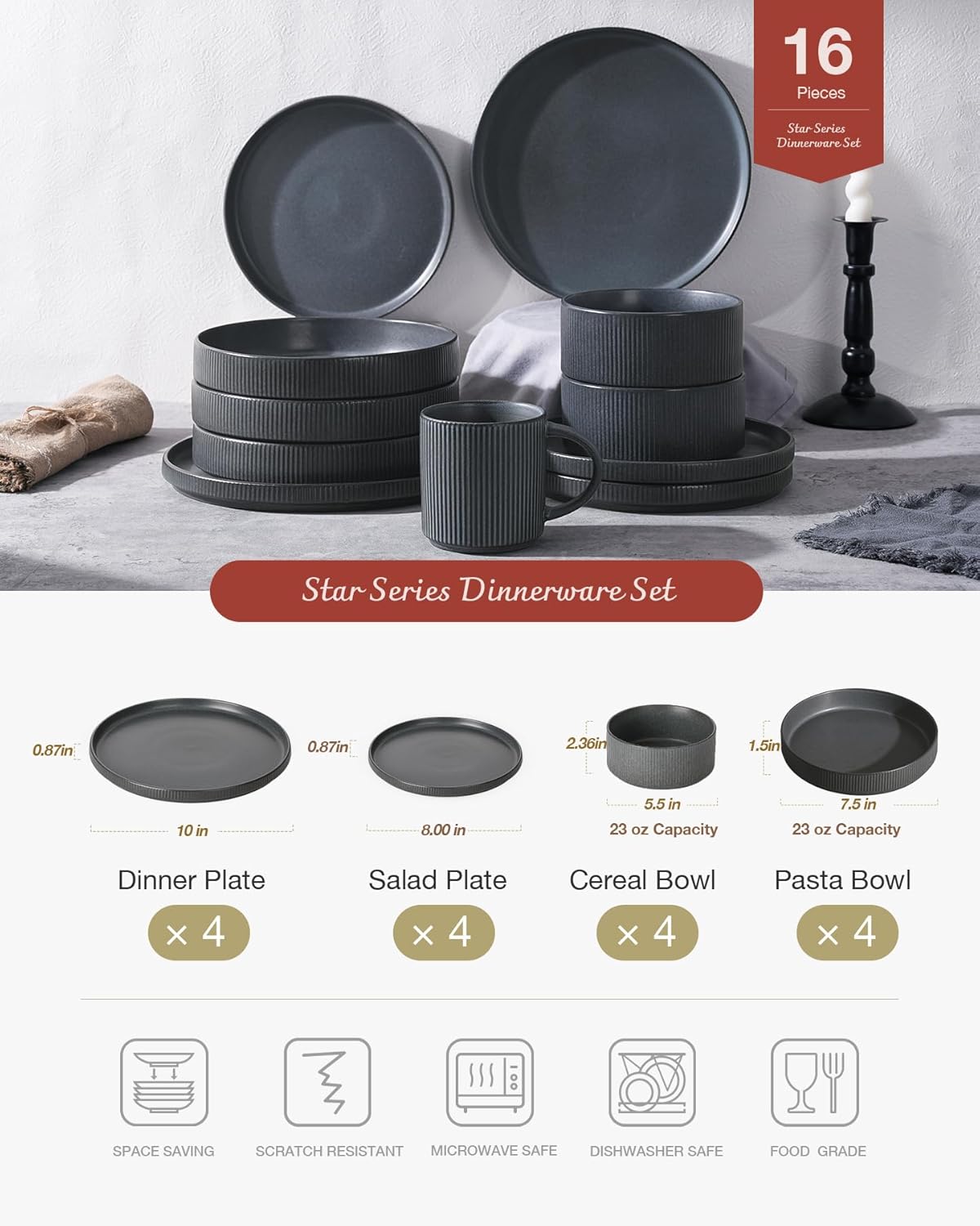 Famiware Star Dinnerware Set with Pasta Bowls, Service for 4 (16pcs), Ribbed Stoneware Plates and Bowls Dishes Sets - Chip & Scratch Resistant, Microwave & Dishwasher Safe, Matte Dark Charcoal