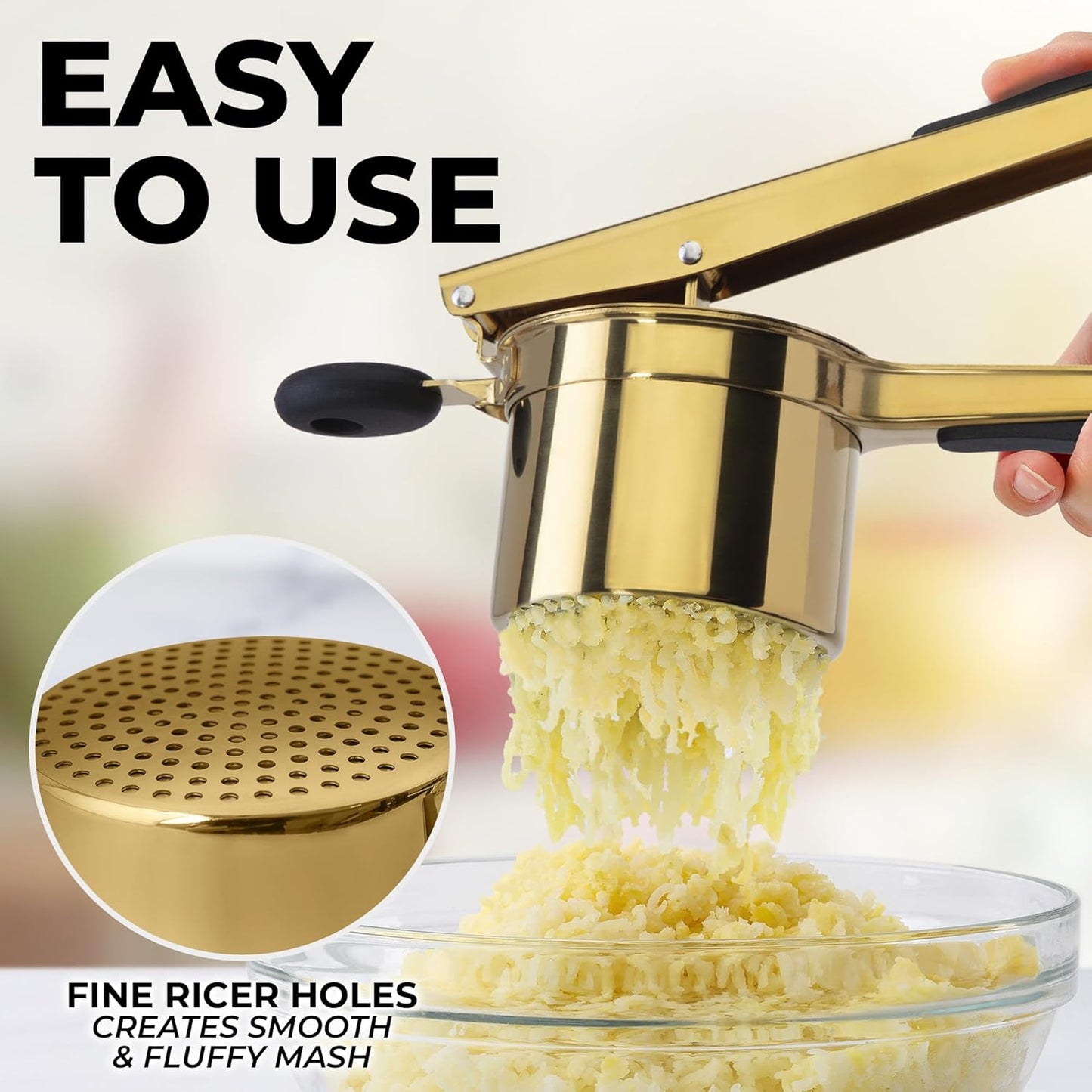 Zulay Kitchen Large 15oz Potato Ricer, Heavy Duty Stainless Steel Potato Masher and Ricer for Mashed Potatoes, Mashed Potato Masher & Potato Press Gadget for Perfect Mashed Potatoes - Gold/Black