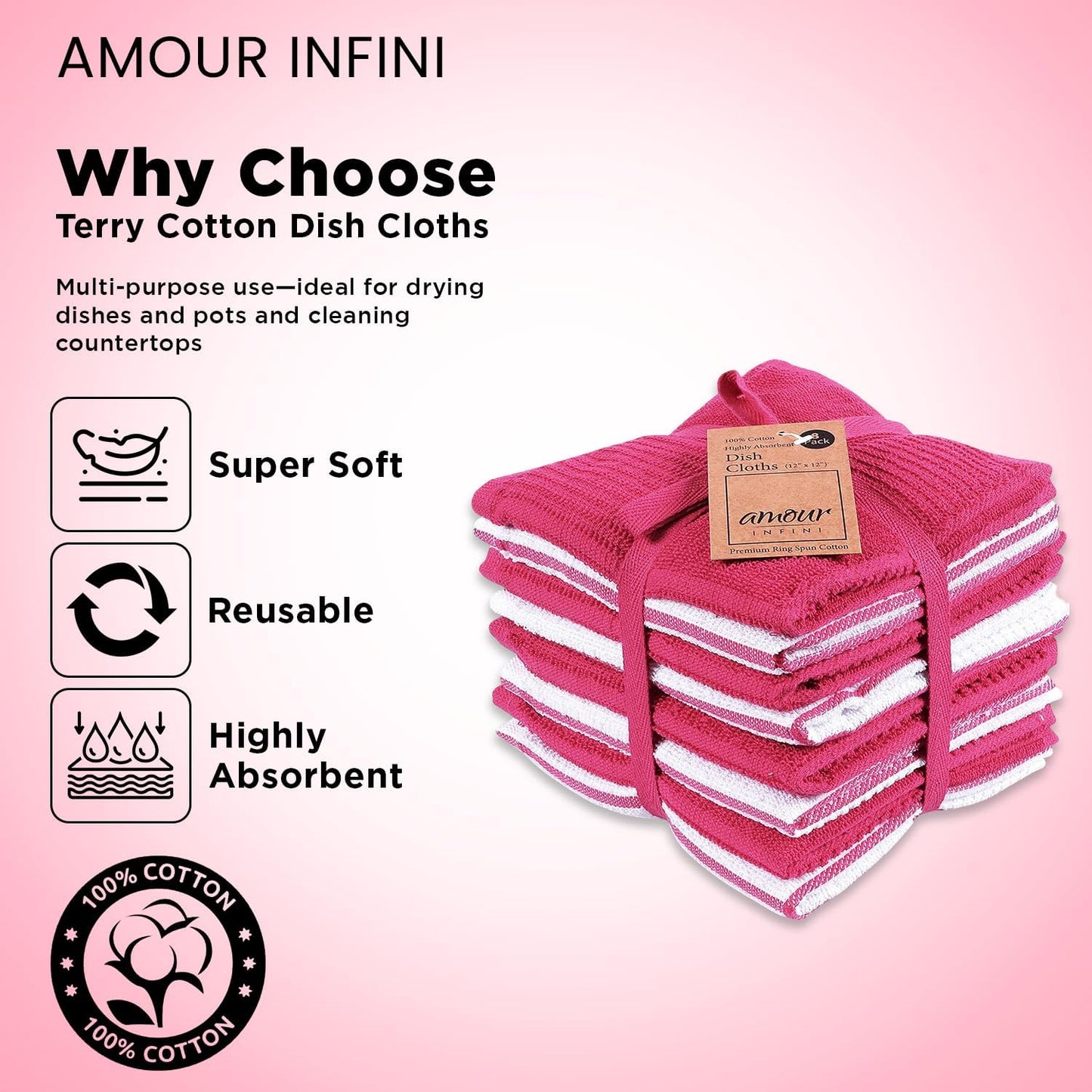 AMOUR INFINI Dish Cloths for Washing Dishes Set of 8 - Highly Absorbent, Super Soft Kitchen Dishcloths - Reusable Quick Dry Dish Rags for Cleaning & Drying Kitchen Linens (12x12 Inch - Pink)