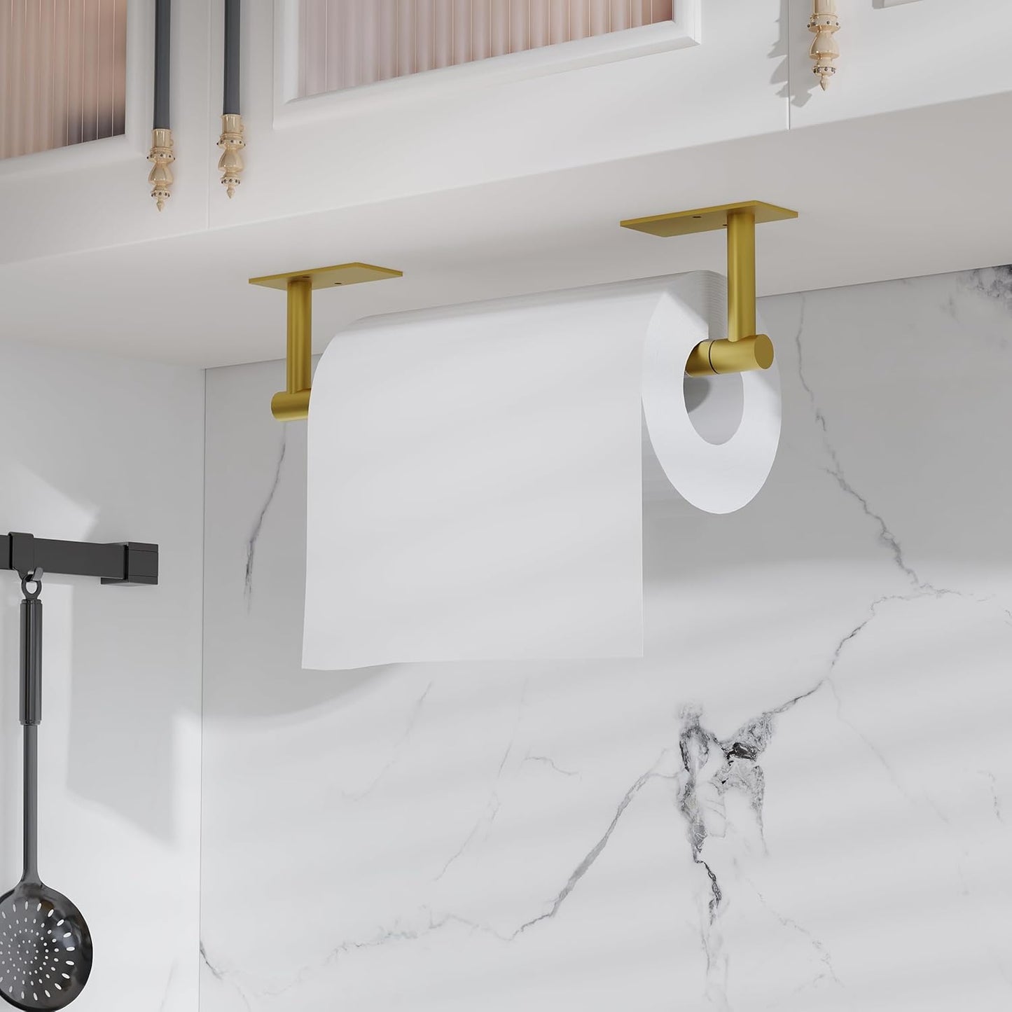 Ruacq Brushed Gold Paper Towel Holder Double Post Pivoting Square Base Under Cabinet Paper Towel Holder for Kitchen Self-Adhesive or Drill mounting