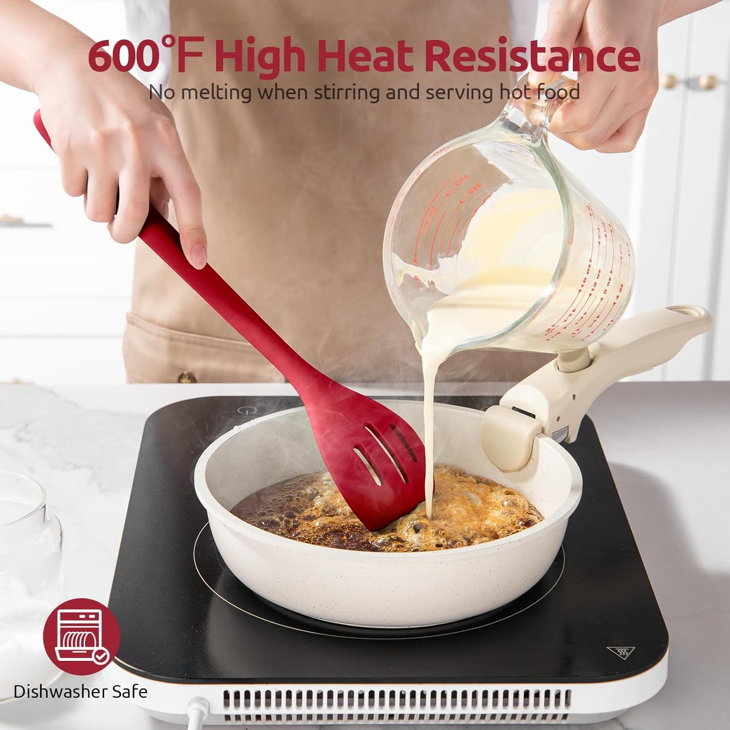 600ºF Heat Resistant Slotted Spoon: U-Taste 13.3in Solid Kitchen Cooking Spoon, Nonstick Food Grade Large & Long Rubber Utensil for Mixing, Serving, Stirring, Basting, Frying, Draining (Red)