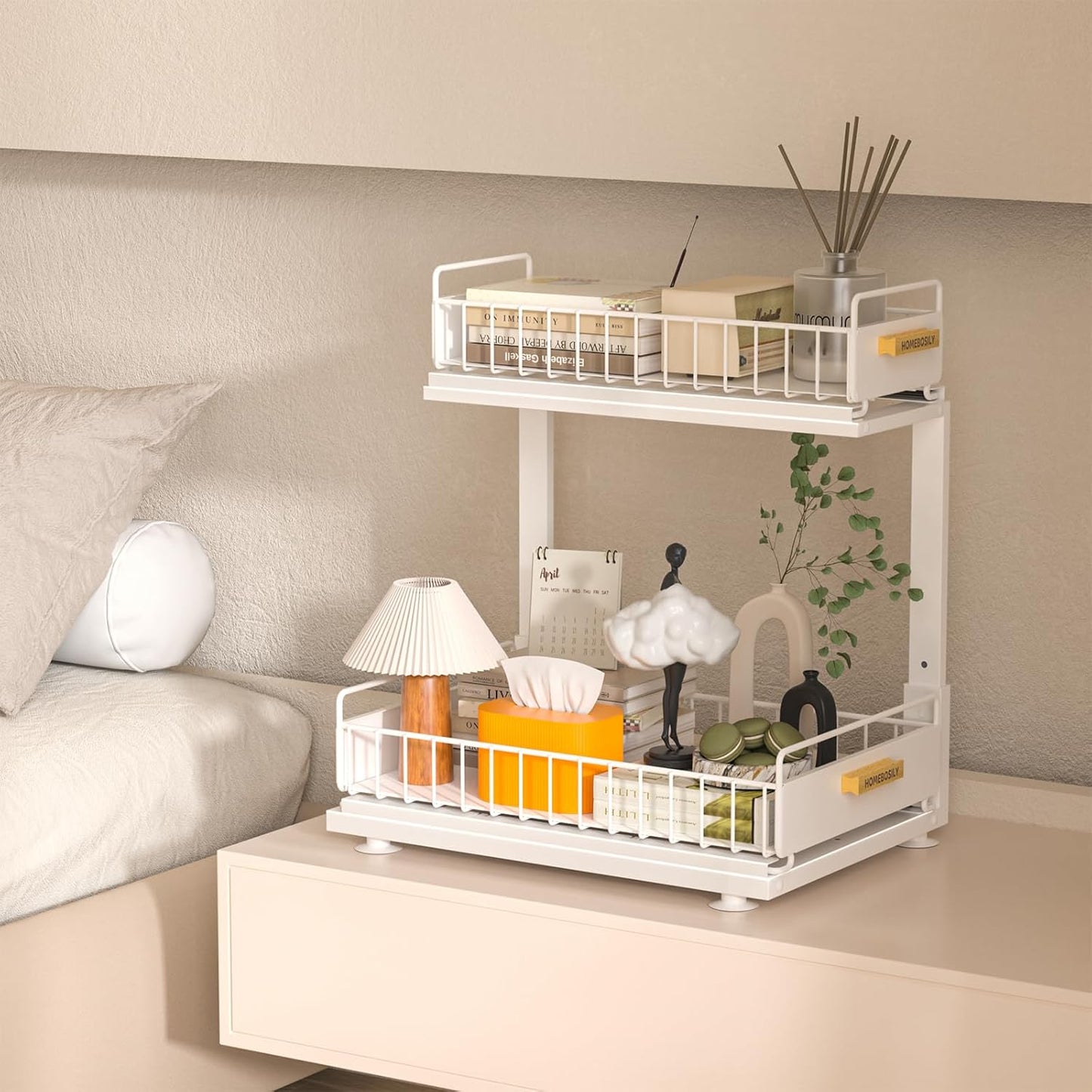 Under Sink Organizer, Pull Out Kitchen Cabinet Organizer, 2-Tier Metal Under Sink Organizers and Storage Height-Adjustable, Kitchen Bathroom Organizers and Storage Shelves, White