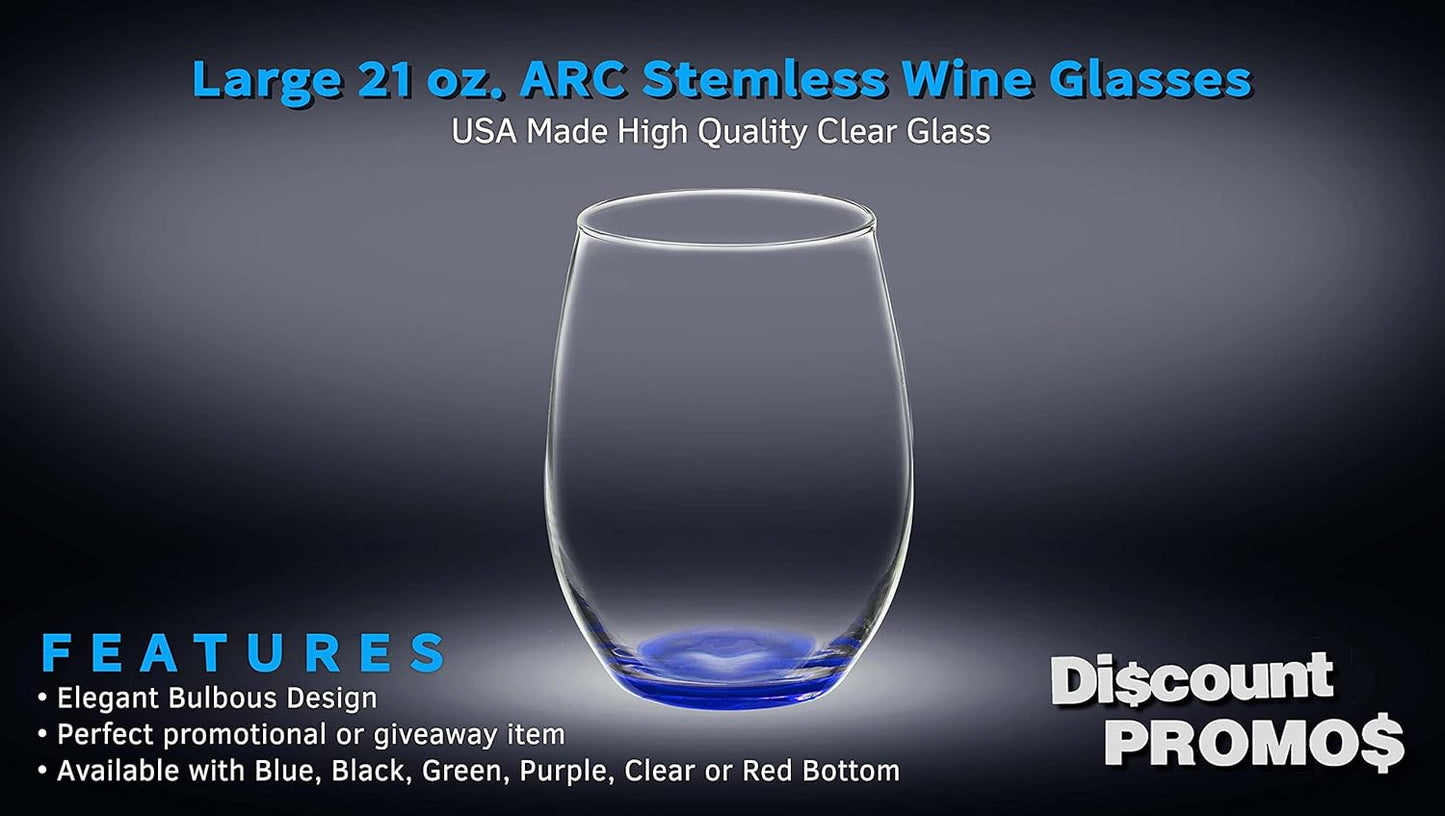 DISCOUNT PROMOS 10 ARC Stemless Wine Glasses Set, 21 oz. - Chardonnay, Cabernet, Merlot, Sauvignon - Blue