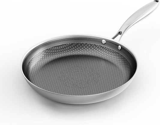 COOKING KING 12-Inch Stainless Steel Pan, Hybrid Nonstick Frying Pan, Skillet, 3-Ply Clad Cookware, Even Heat Distribution, Dishwasher & Oven Safe, with Stay-Cool Handle, Induction Compatible