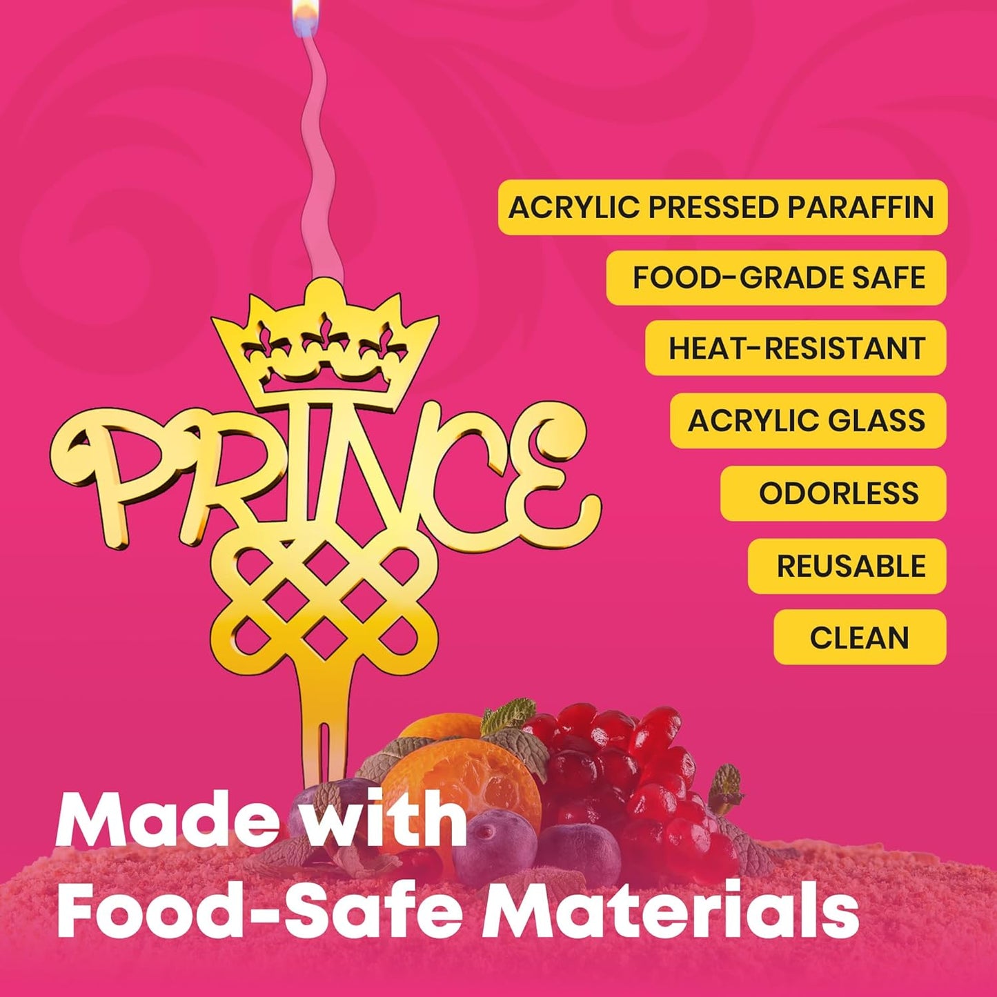 Prince Reusable Gold Romantic Cake Candle - Luxury Cake Topper Candle for Birthdays, Weddings & Anniversaries - Reusable Food Safe Acrylic, Shiny Mirror Finish - Happy Birthday Cake Topper Decor