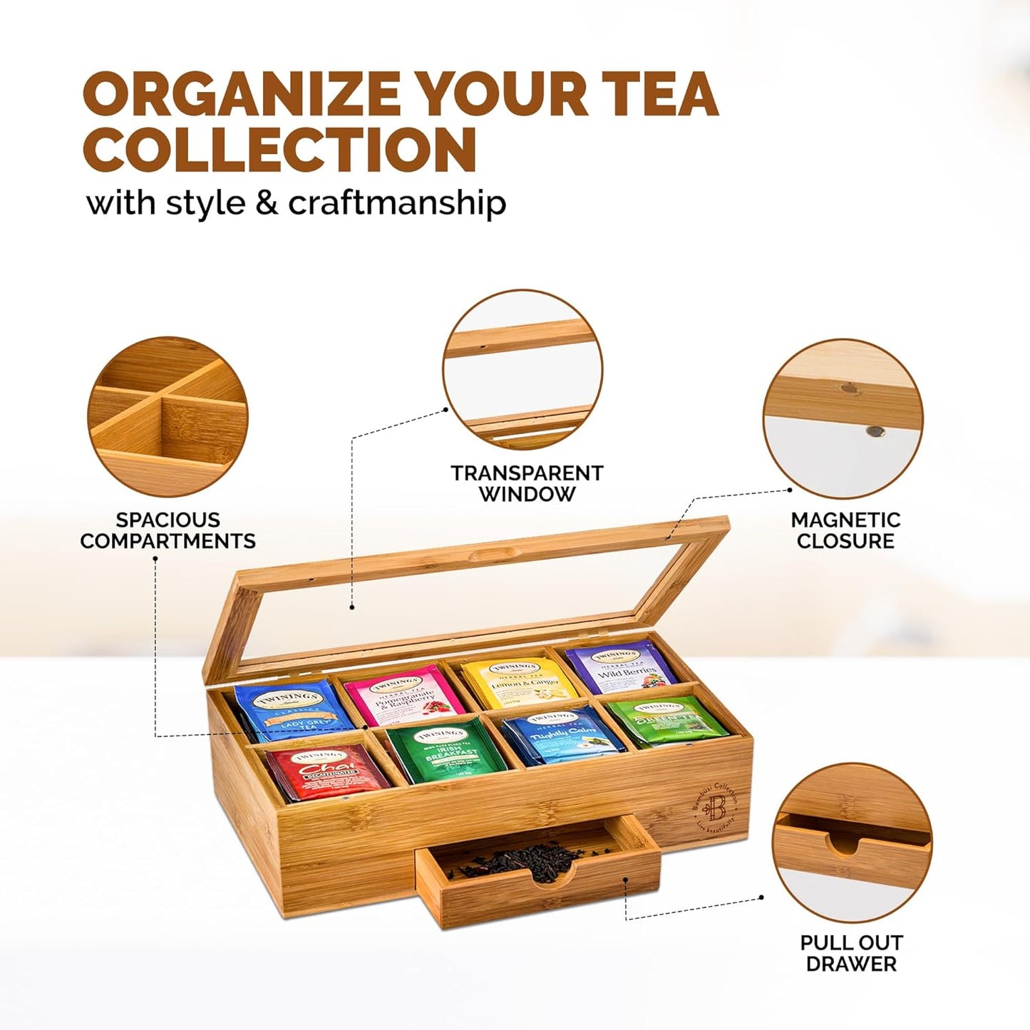 BAMBUSI Tea Bag Organizer - Bamboo Tea Box Storage with Drawer & Acrylic Window, Tea Organizer Holder, Tea Bag Holder, Tea Storage Box, Tea Box Organizer, Gift Idea for Home Kitchen (Tea Not Included)