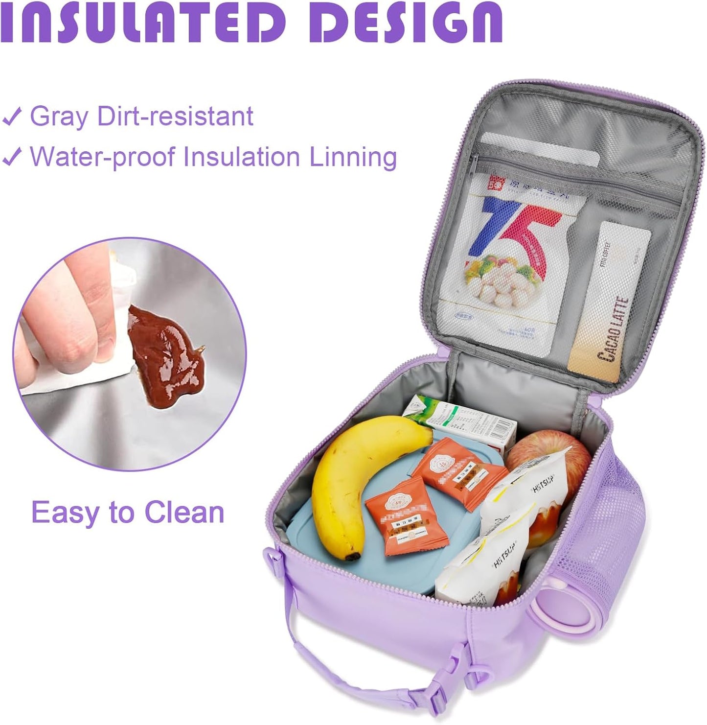 Initial Insulated Lunch Bag for Girls Kids, Back to School Gift, Reusable Leak-proof Lunch Box with Adjustable Strap for School Daycare Travel Picnic (Purple,J)
