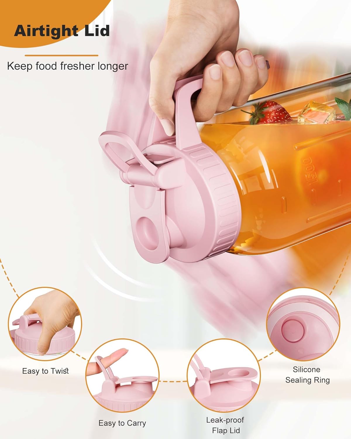 64oz Glass Mason Jar Pitcher with Lid and Spout, 2 Quart Airtight Glass Water Jug, Leakproof Wide Mouth Mason Jar Pitcher for Iced Sun Tea, Milk Storage, Cold Brew Coffee, Juice, Pink