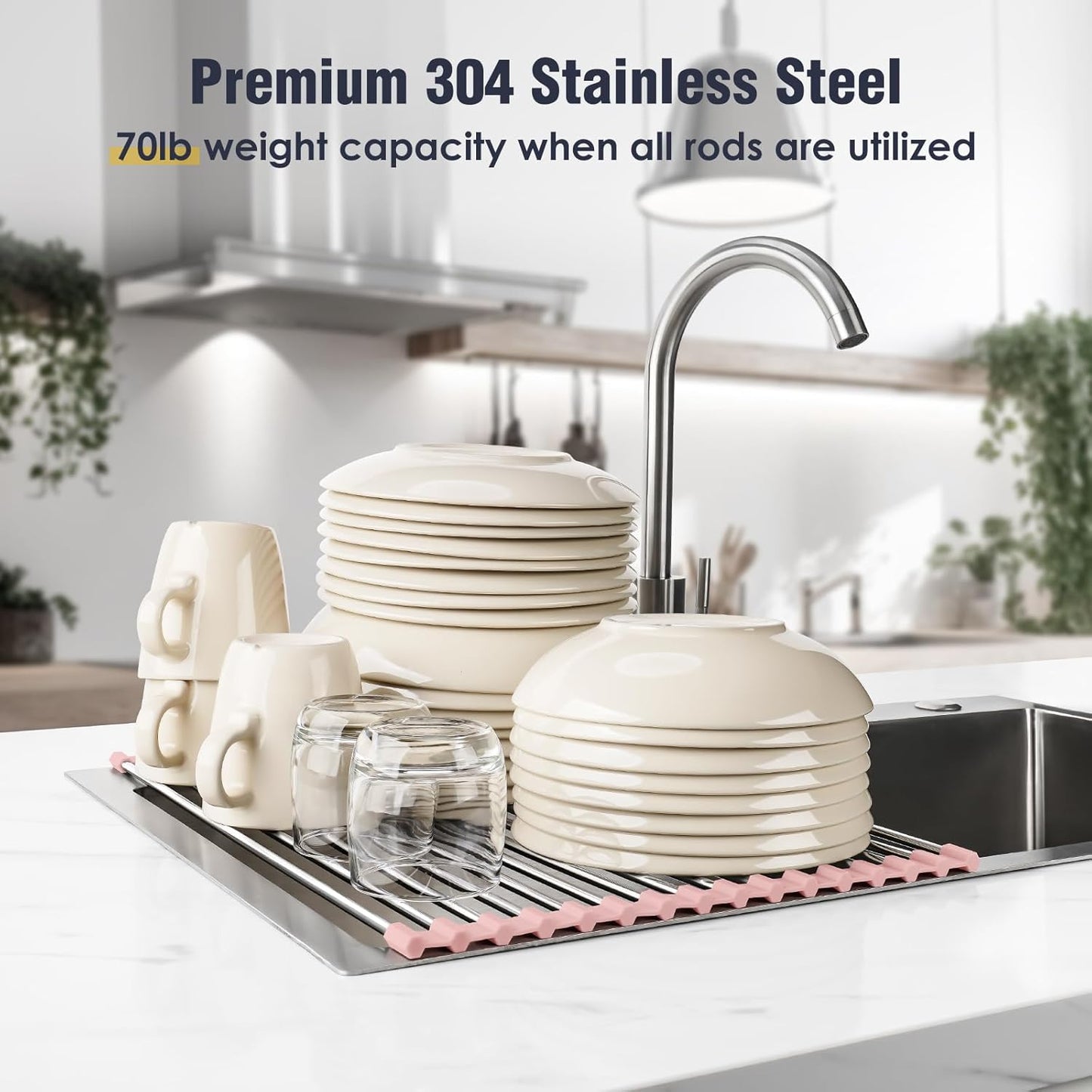 Tomorotec 17.7" x 12.5" Roll Up Dish Drying Rack Over Sink Drying Rack Sink Cover Kitchen Sink Accessories Gadget Multipurpose Organizer Foldable Stainless Steel Drainer