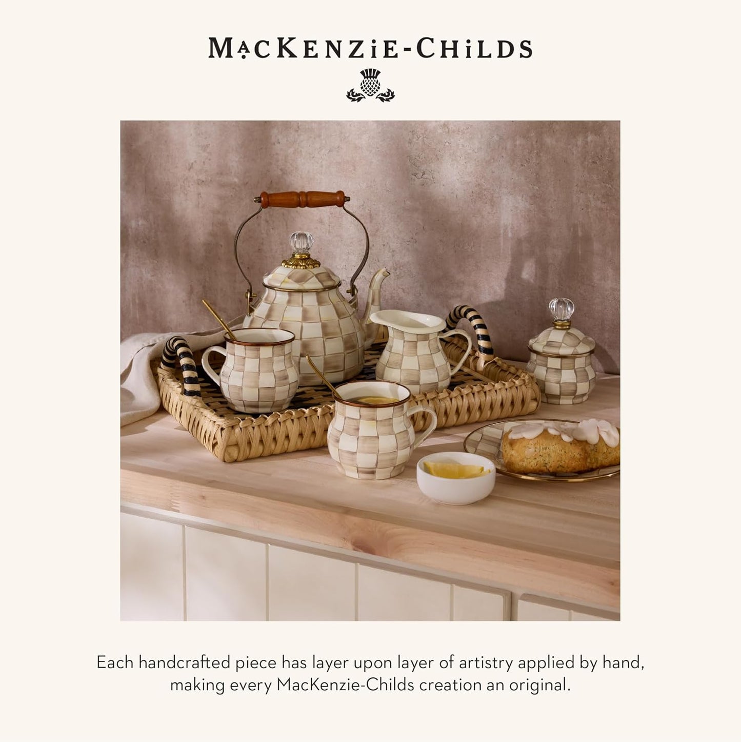 MACKENZIE-CHILDS Enamel Salad Serving Set, Enamel Bowl and Wooden Salad Servers, Decorative Kitchen Set, Brown-and-White Mocha Check