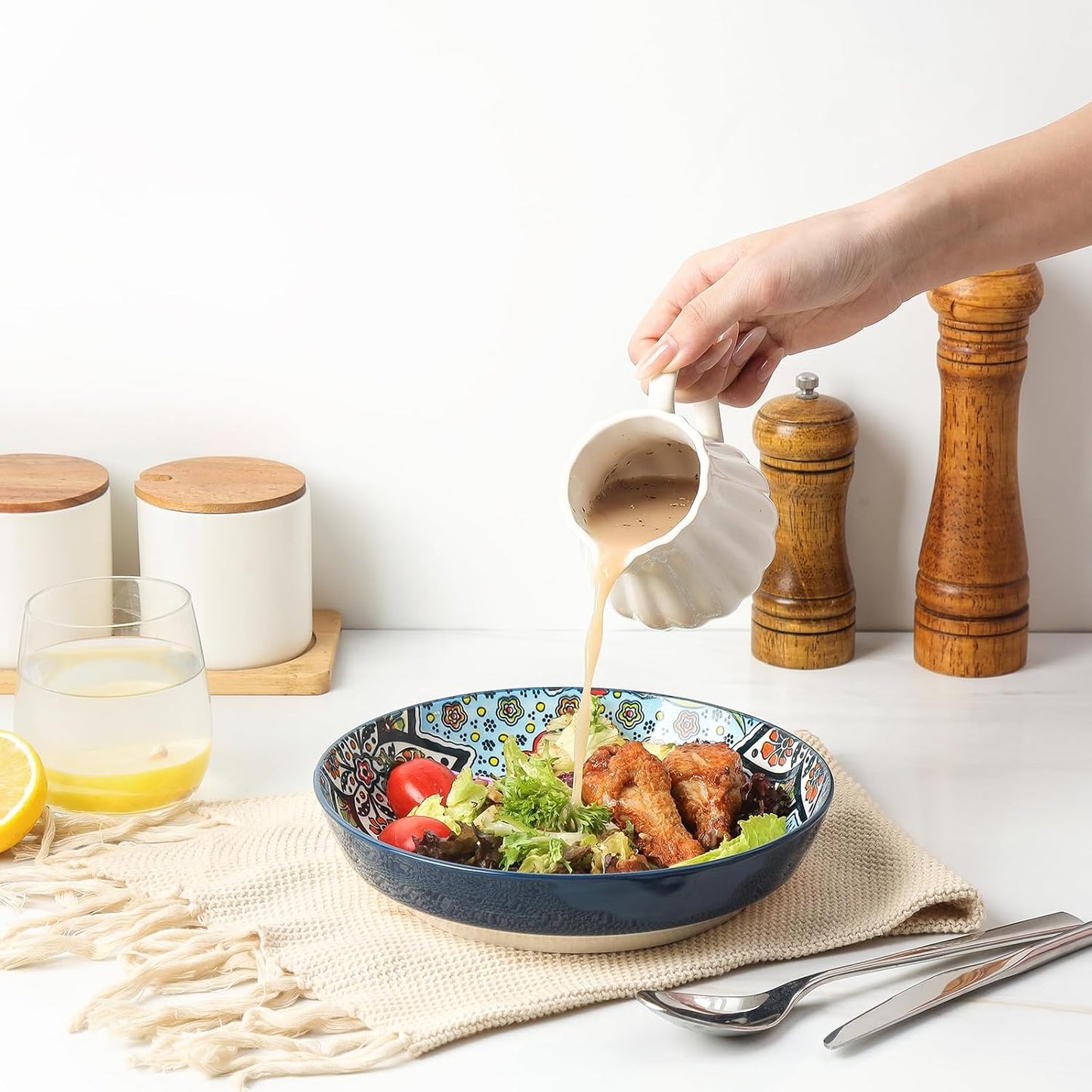 KitchenTour Pasta Bowls Set of 6-30 oz Large Wide & Shallow Serving Bowl, Colorful Ceramic Salad Bowls for Everyday Dining - 8.2 Inch, Microwave and Dishwasher Safe, Bohemian Style