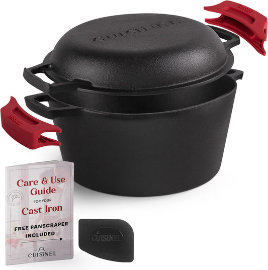 Cuisinel Cast Iron Dutch Oven - 5-Quart Deep Pot - Preseasoned 2-in-1 Multi-Cooker - Combo Lid Doubles as 10"-inch Skillet Frying Pan + Silicone Handle Covers + Scraper - Indoor/Outdoor Bread Cookware