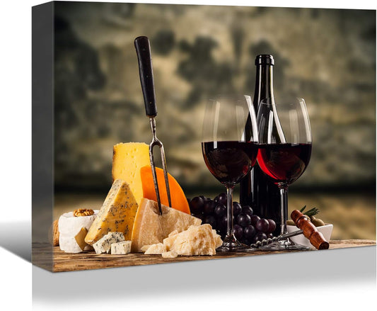 Looife Kitchen Still Life Canvas Wall Art 32x24 Inch Gallery Wrapped Red Wine with Cheese Picture Prints Wall Decor Food Art Deco for Dining Room and Bar Decoration