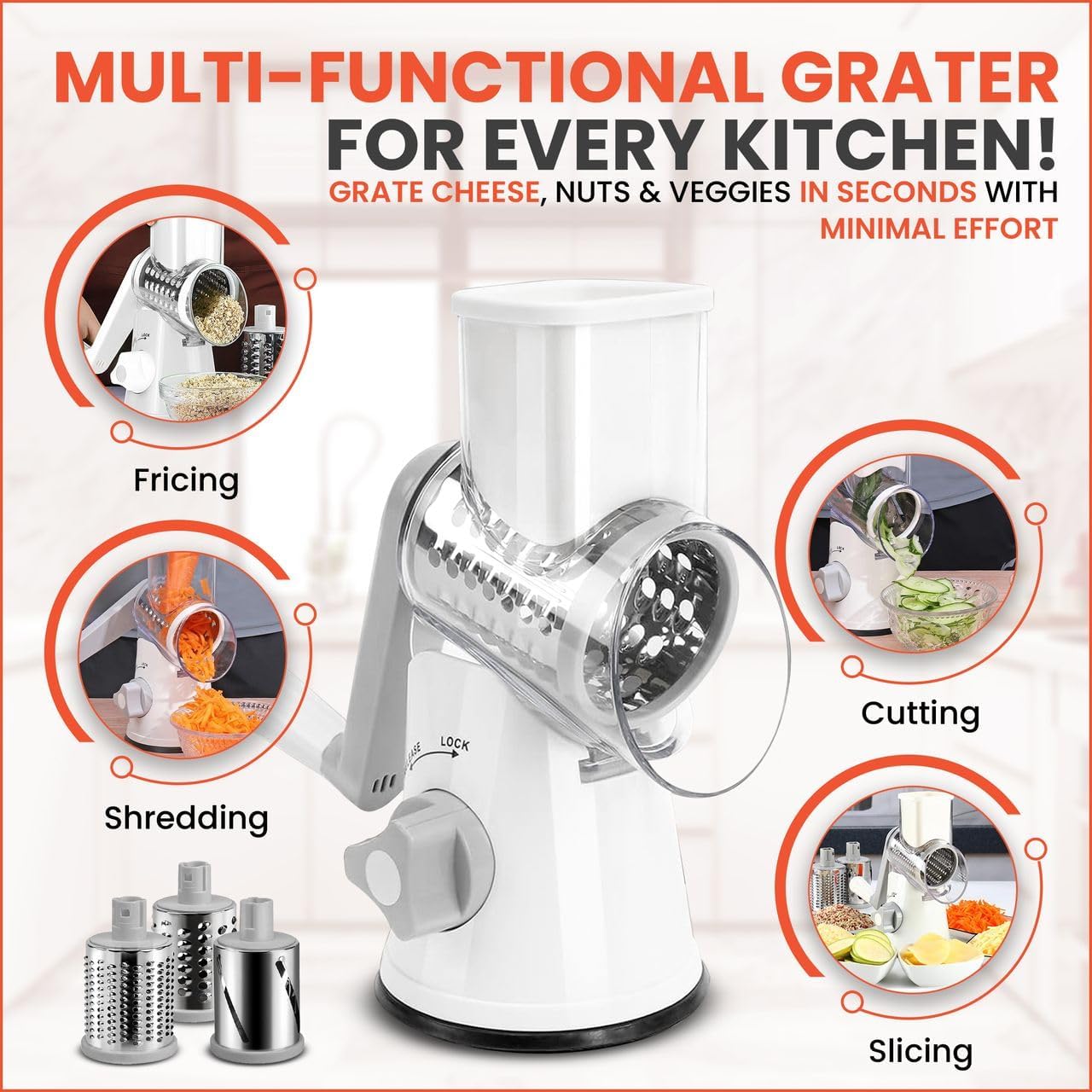Rotary Cheese Grater Hand Crank with handle - Upgraded strong suction, changeable blades, handheld kitchen aid 3-in-1 Cheese Shredder. Kitchen Rotary Grater Slicer for Fruit, Vegetables, Nuts