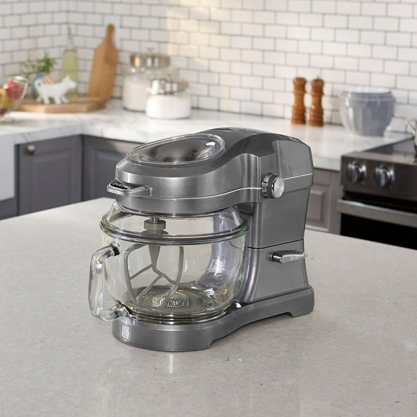 Kenmore 500W Oviation Stand Mixer - 10 Speed Mixing, Tilt-Head, Handheld Glass Bowl With Pouring Top Splash Guard, Flat Beater, Whisk, Dough Hook Attachments Countertop Kitchen Appliance, 5QT Grey