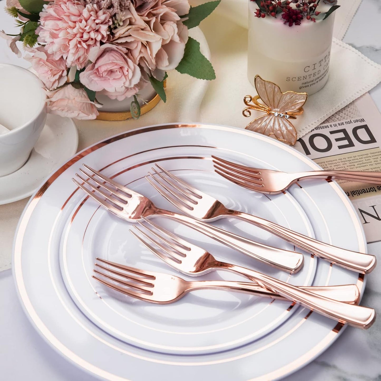 Liacere 200 Pack Rose Gold Disposable Forks - 7.4 Inch Heavy Duty Plastic - Rose Gold Silverware for Catering, Parties, Dinners, Weddings & Mother's Day