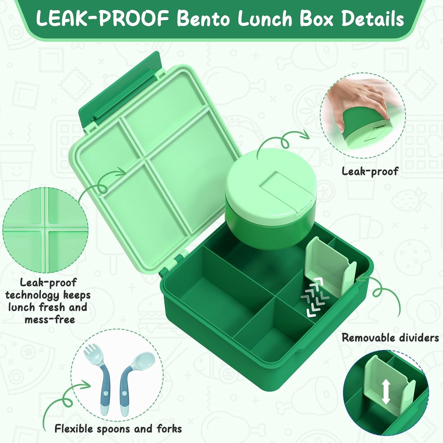 Bento Lunch Box with 8oz Soup Thermo, Leak-Proof Lunch Containers with 4 Compartment, Thermo Hot Food Jar and Insulated Lunch Box for School Green