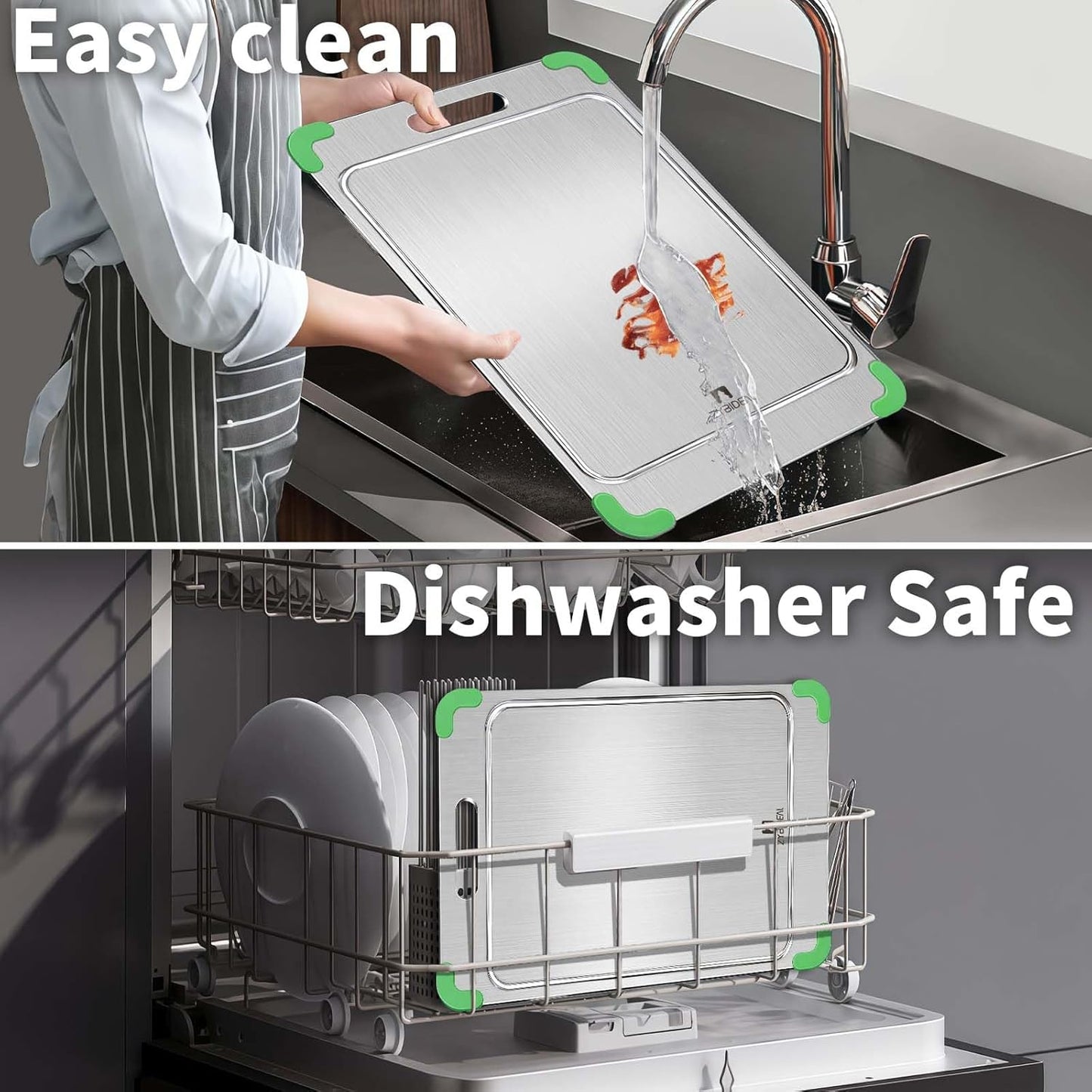 100% Pure Titanium Cutting Board with Grooves, Update Double Side Titanium Chopping Board, Silicone Anti-slip Stainless Cutting Boards for Kitchen 8 * 12 IN, Green