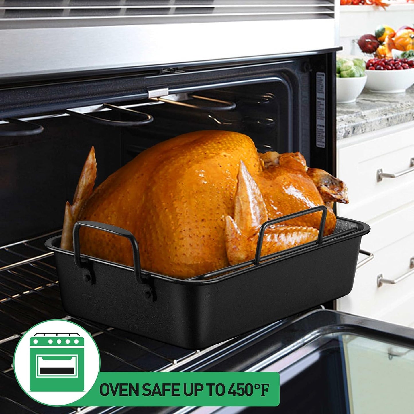 P&P CHEF 14" Roaster Roasting Pan with Baking Rack and V-shaped Rack, Stainless Steel Rectangular Lasagna Pan with Handles for Turkey Chicken, Healthy & Dishwasher Safe, 3 Pieces, Black