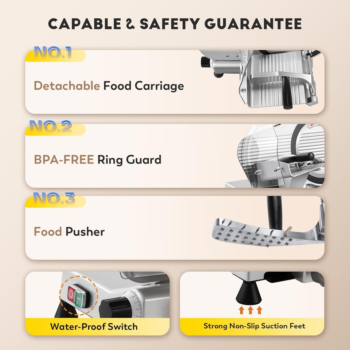 CGOLDENWALL Meat Slicer Machine with Teflon Non-stick Blade 240W Electric Meat Slicer for Frozen Meat/Deli Meat/Cheese/Food Slicer, Low Noises Commercial and Home Use