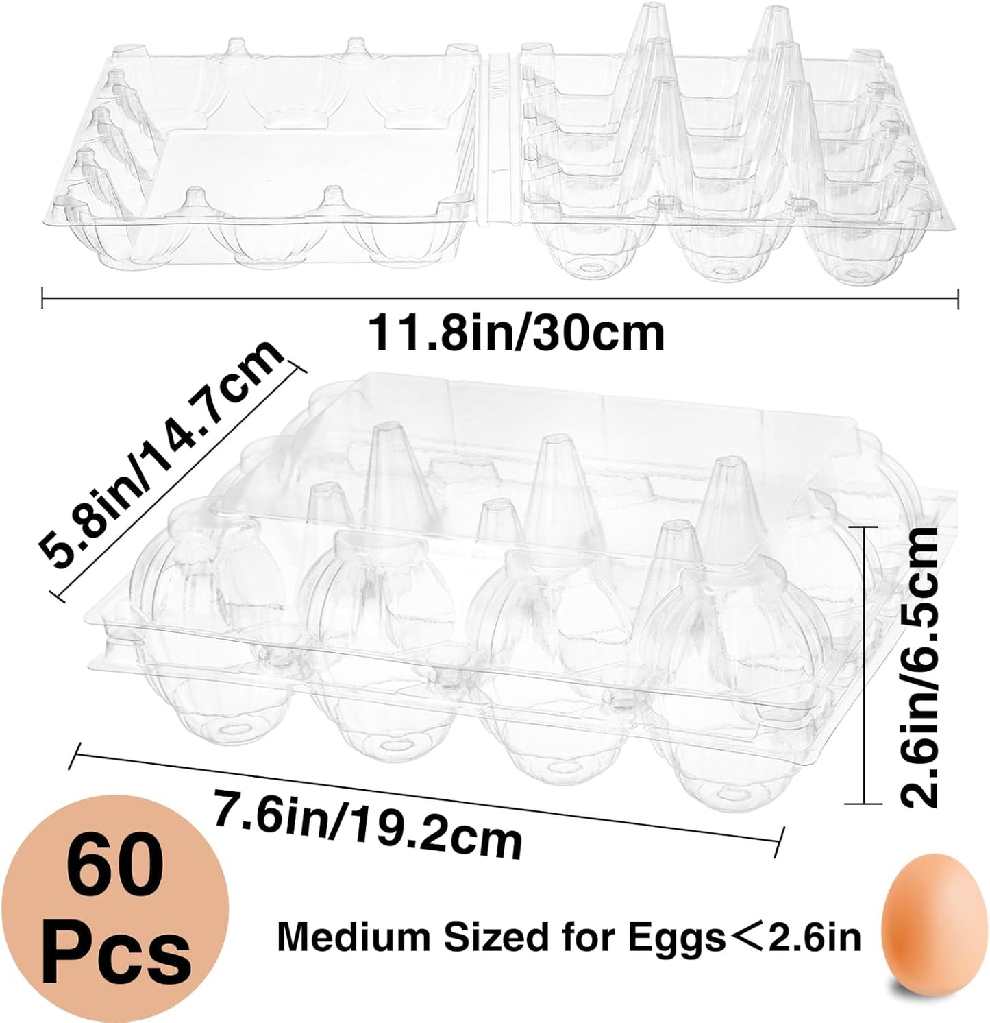 Youeon 60 Pcs Plastic Egg Cartons 12 Count, Clear Egg Cartons for Chicken Eggs 3x4 Grid, Reusable Eggs Carton Bulk Perfect for Family, Farm, Markets, Display, Camping -Medium