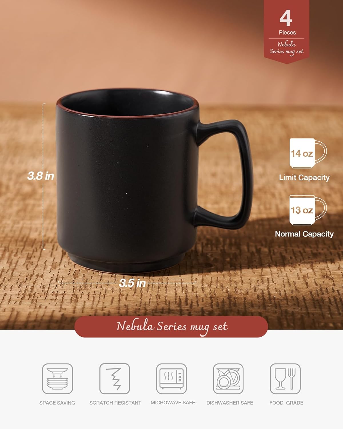 famiware Coffee Mugs Set of 4, Nebula 14oz Coffee Mugs, Ceramic Cup Set with Handle for Latte, Tea, Milk, Cappuccino, Cocoa, Matte Black