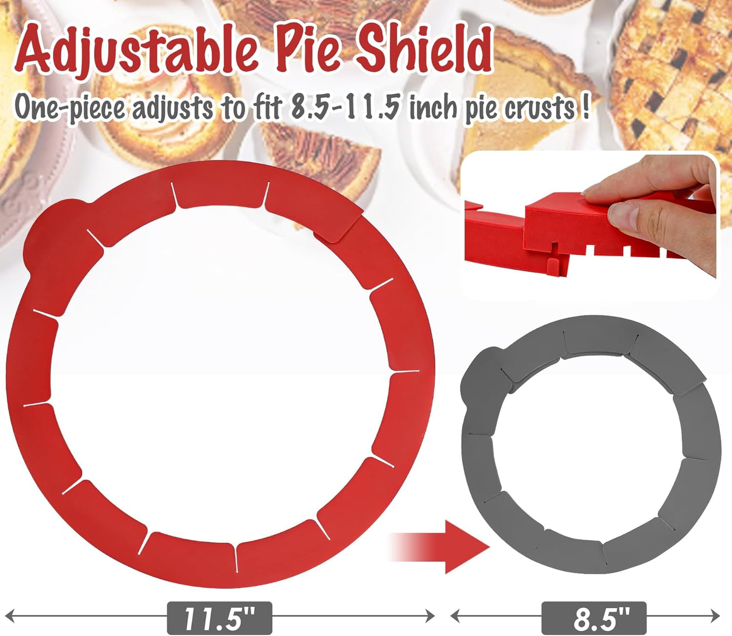 Webake Pie Crust Protector Shield Adjustable Pie Crust Shield Fits 11.5-9 Inch Pie Pan, European Food Grade Silicone Pinch Test Passed, for Baking Party Pie Tart, Pack of 2, Red and Grey