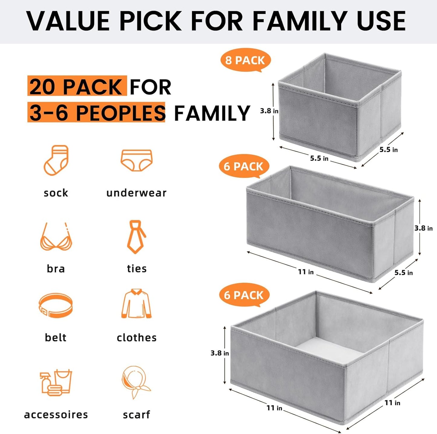 Criusia 20 Pack Drawer Organizer Bins - Grey Fabric Closet Organization and Storage Dividers for Baby Clothes, Adult Socks, Underwear, Bra, etc.