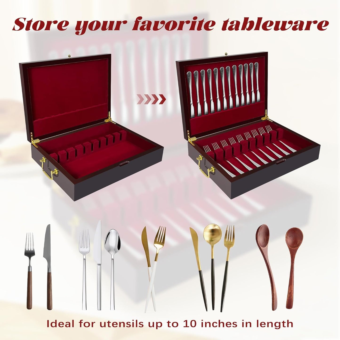 Silverware Storage Box Solid Wood with Lid, Silverware Organizer with Handle and Felt Lined, Silverware Storage Chest for Flatware and Utensils Home Decor Gift, Chest for Flatware Setting Up 15