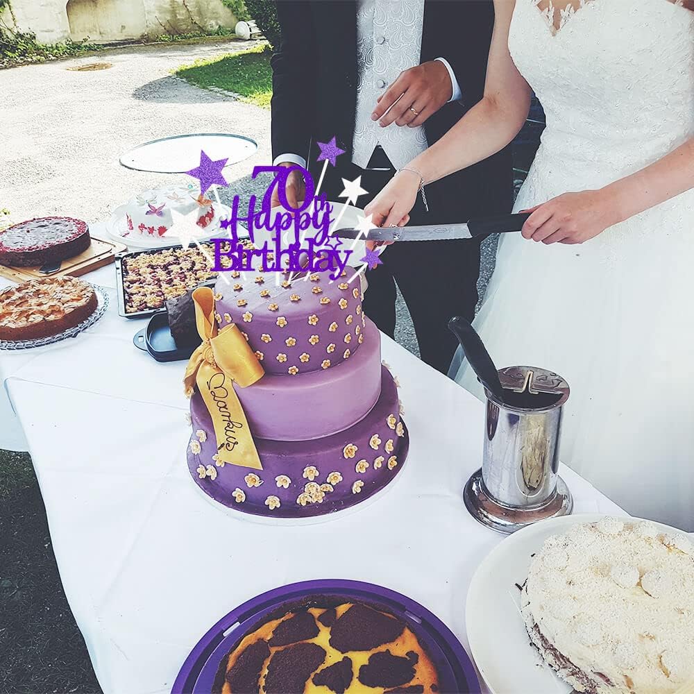 Glittery 70th Happy Birthday Cake Topper with Star,Personalised 70 Birthday Cake Toppers Party Decorations Party Supplies for Men Women Purple Silver