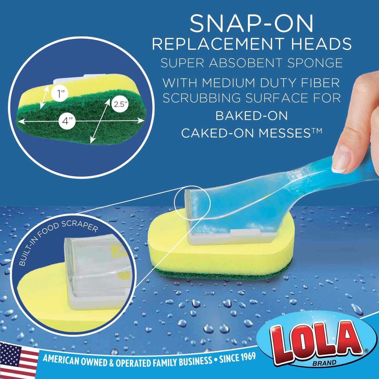 Lola Products Dish Brush w/Soap Dispenser Wand, Absorbent Sponge Scrubber, No Leaking. Clean Dishes and Sinks, 12 Brushes & Heads & 72 Refills
