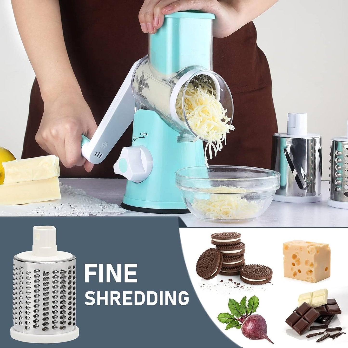 KEOUKE Rotary Cheese Grater with Handle Vegetable Cheese Shredder Slicer Grater for Kitchen 3 Changeable Blades for Cheese Potato Zucchini Nuts Chocolate - Light Blue