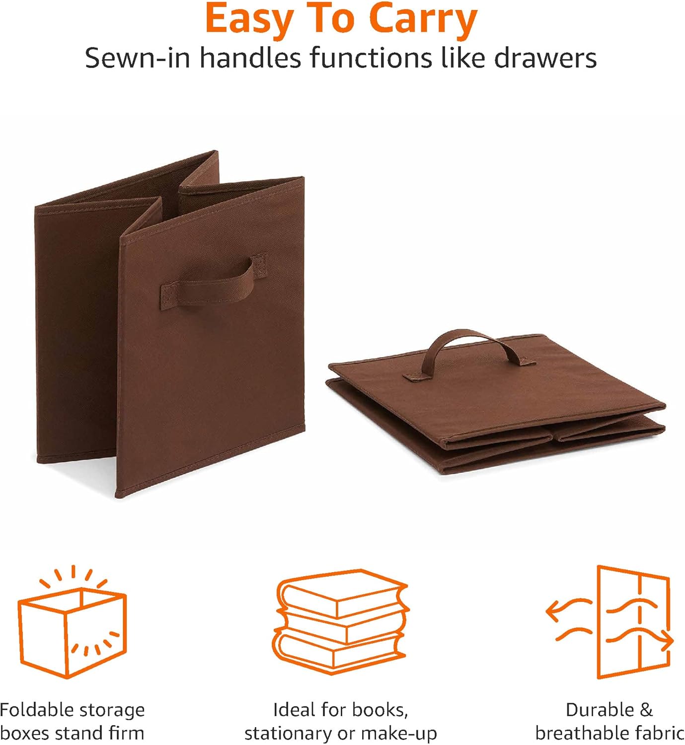 Amazon Basics Cube Organizer Storage Bins Handles, Collapsible Fabric, Pack of 6, 10.5"x10.5"x11", Brown