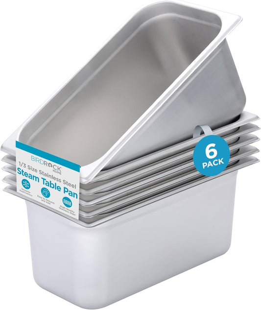 BIRDROCK HOME Stainless Steel Steam Table Pan - Hotel, Restaurant & Catering Supplies - 24 Gauge Steel, 6.2 qt Capacity - Meal Prep, Cooking, &Food Storage Container - 6" Depth, 1/3-Size (6 Pack)