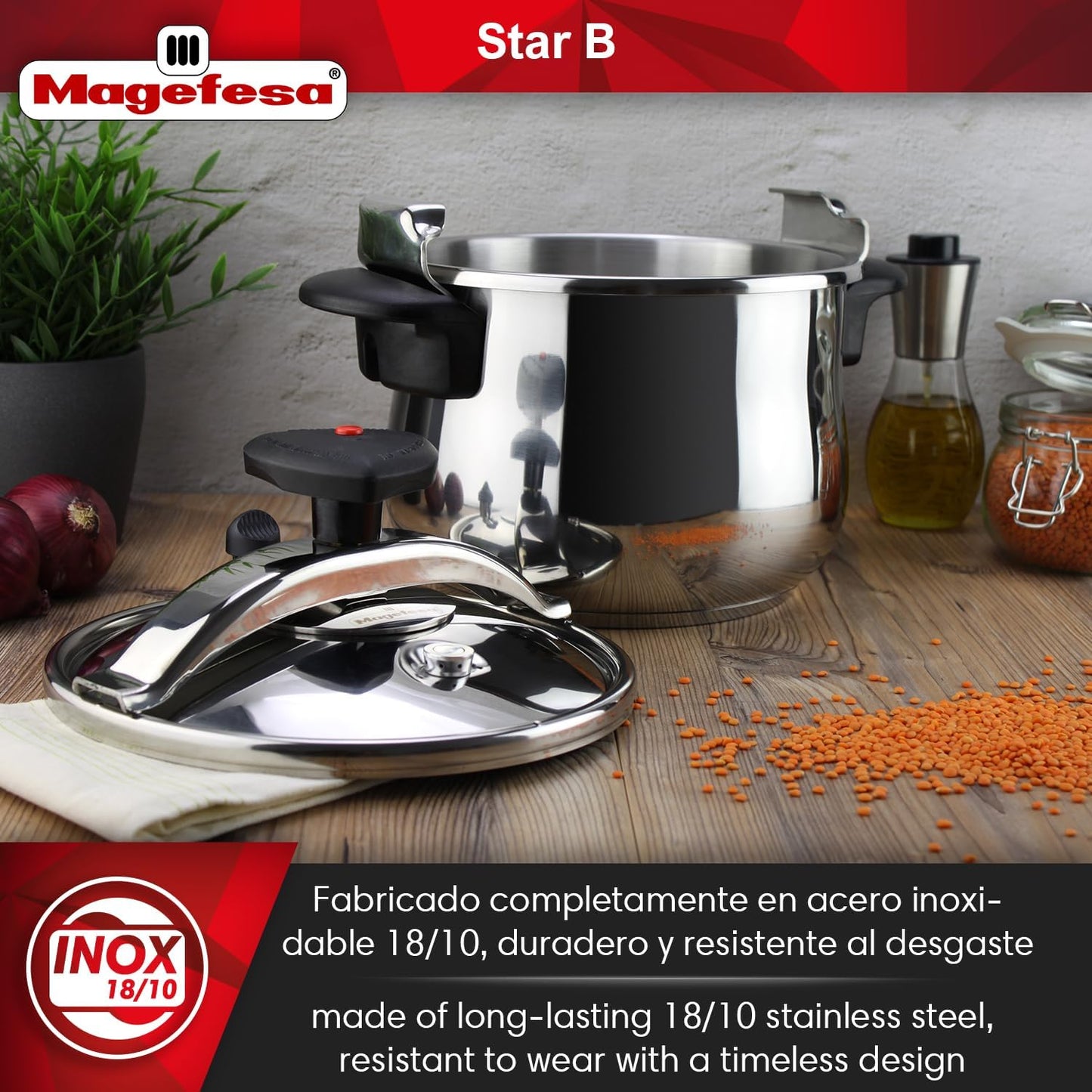 MAGEFESA Star Belly Pressure Cooker 8.4 Qt – 18/10 Stainless Steel, Rounded Bottom, 3 Safety Systems, Works on All Stovetops Including Induction, 8 PSI