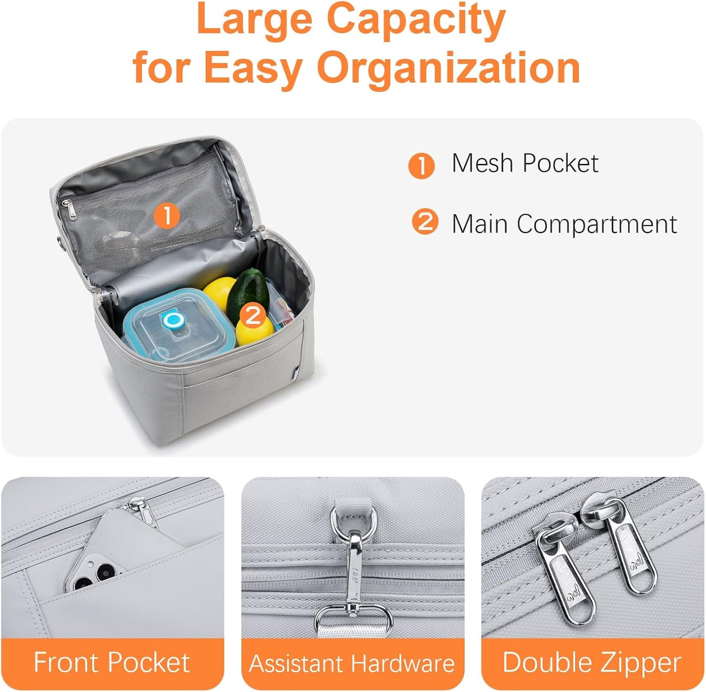 NOL Natural Organic Lifestyle Insulated Lunch Bags for Women Cooler Bag Lightweight Nylon Waterproof Lunch Box For Work (Small，Gray White)