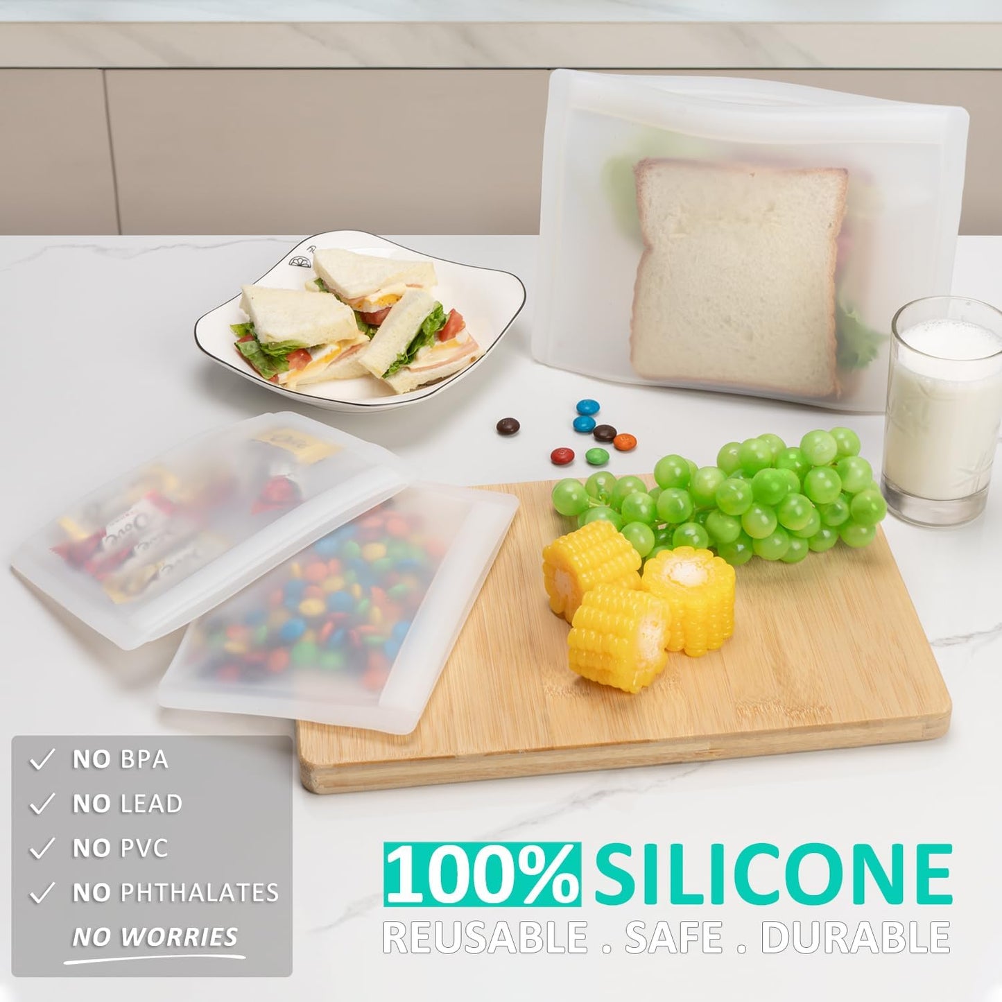 Reusable Sandwich Bags & Snack Bags Set, 8 Pack, 100% Silicone Reusable Storage Bag, Soft Shell Ziplock Silicone Food Storage Containers, Freezer Microwave Oven Dishwasher Safe, Translucent