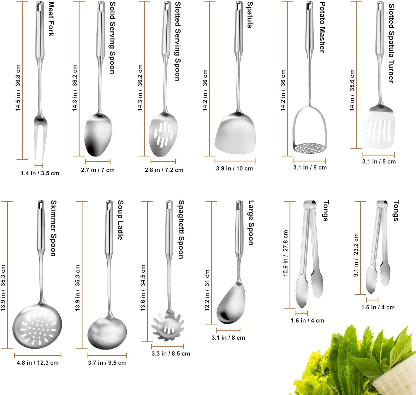 304 Stainlss Steel Kitchen Utensils Set, 12 Pcs Long Metal Utensils Set with Potato Masher, Spoon, Ladle, Skimmer, Turner, Pasta Server, Tongs etc(Dishwasher Safe)